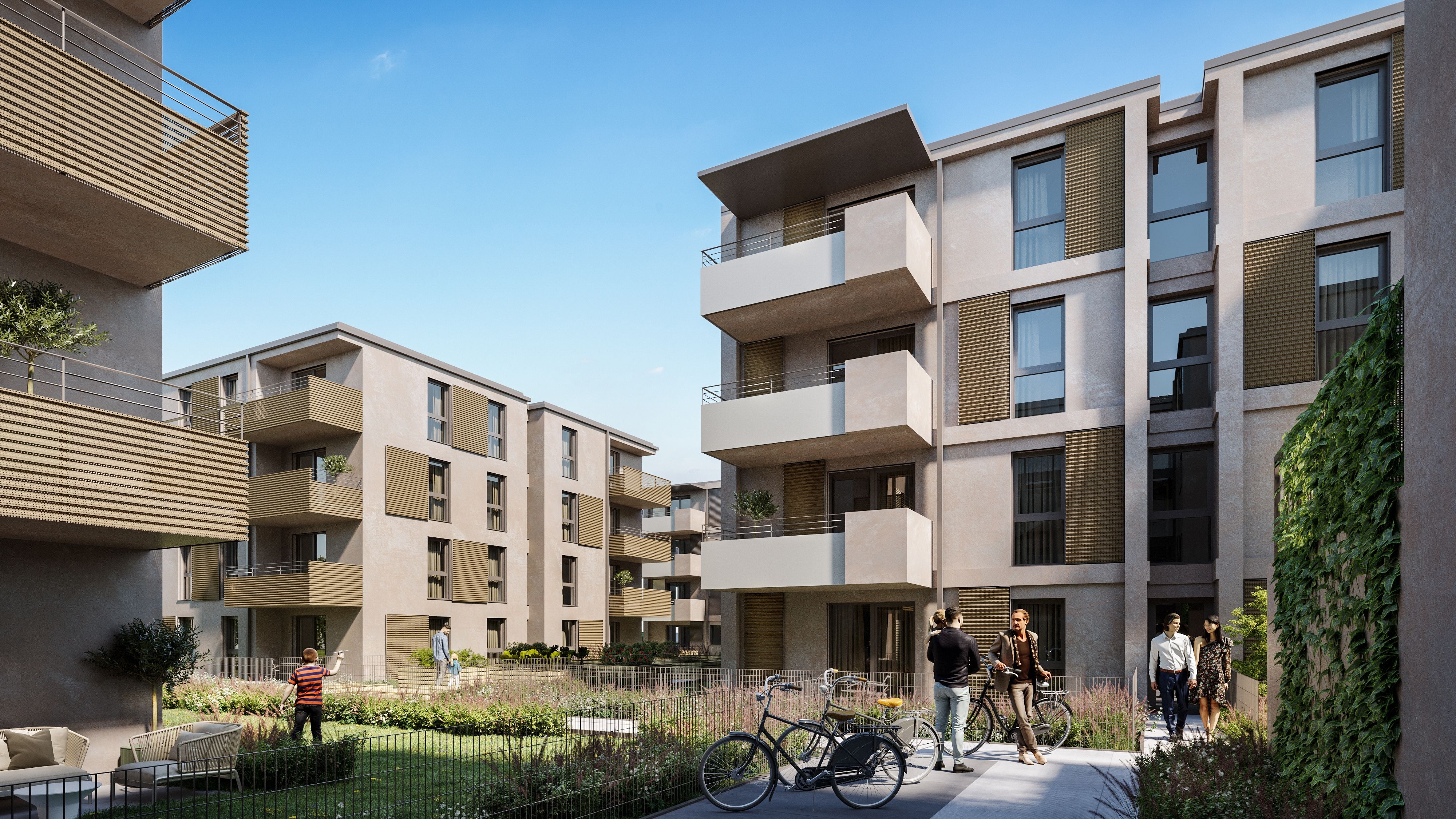 Moderne Wohnanlage mit mehreren Gebäuden, Gärten, Balkonen und Menschen im Innenhof.