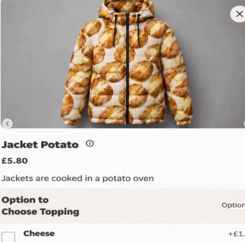 Gefütterte Jacke mit buntem Ofenkartoffel-Muster auf cremefarbenem Hintergrund.