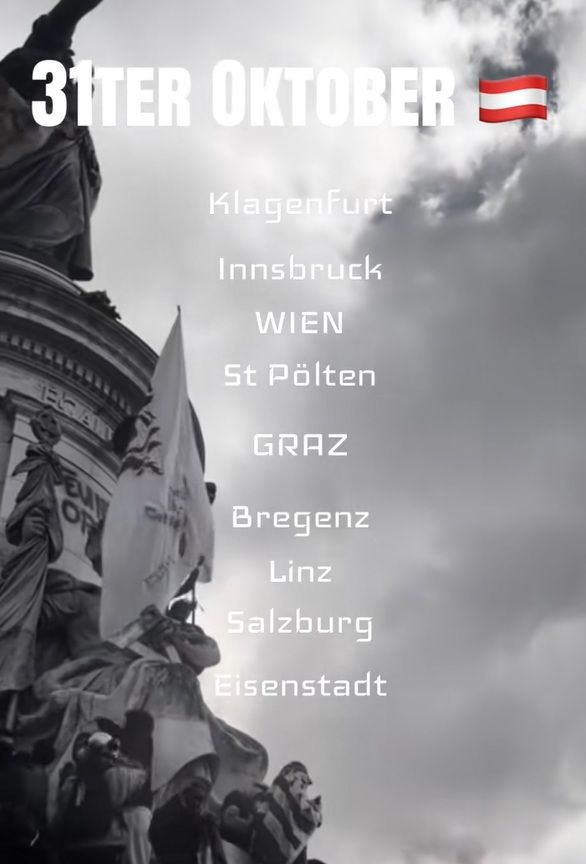 Schwarz-weiß Bild mit Text: „31. Oktober” und Städtenamen aus Österreich auf einer Statue.