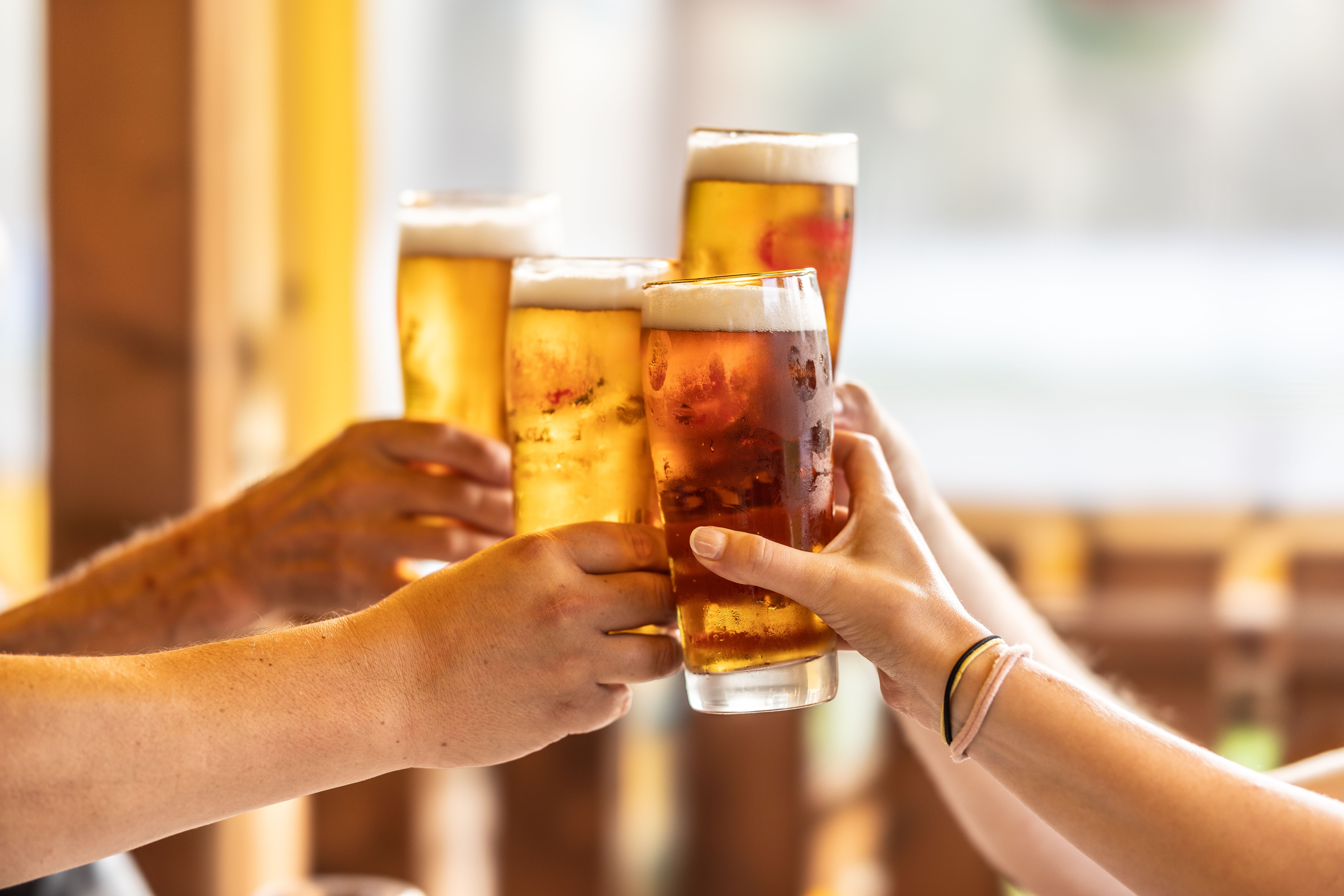 Vier Personen stoßen mit Biergläsern auf einer sonnigen Terrasse an.