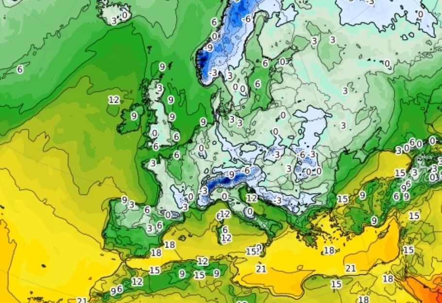 Wetterkarte Europas mit farbigen Temperaturzonen und Zahlenwerten in Grad Celsius.