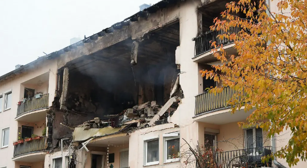 Stark beschädigtes Wohnhaus nach einer Explosion in Regensburg, Rauch steigt aus den Trümmern auf.