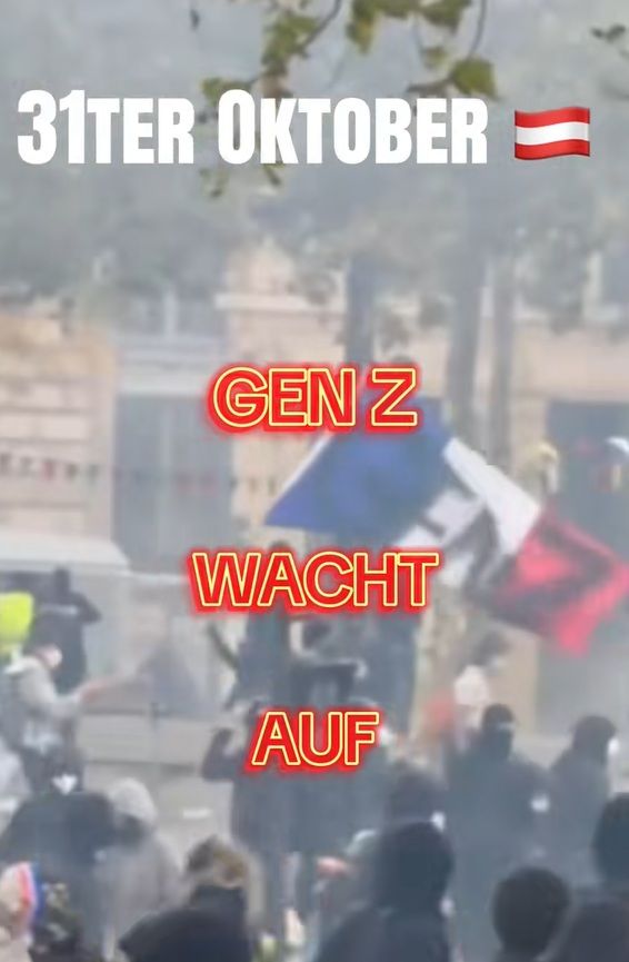 Mehrere Menschen demonstrieren, mit Text „31ter Oktober“, „Gen Z wacht auf“ und Österreich-Flagge.