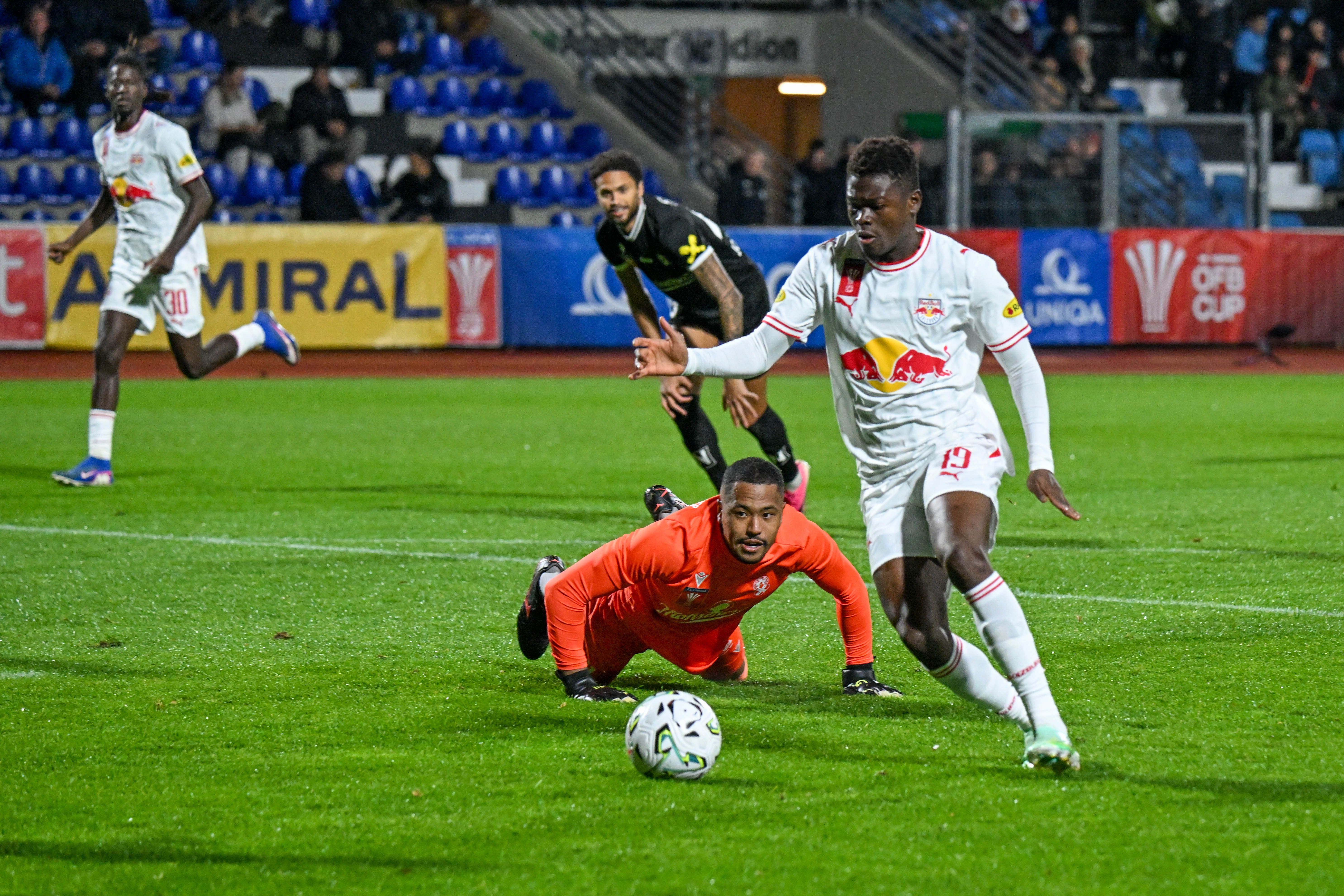 BREGENZ,AUSTRIA,28.OCT.26 - SOCCER - UNIQA OEFB Cup, Schwarz Weiss Bregenz vs Red Bull Salzburg. Image shows Gaoussou Diakite (RBS), Joao Cesco, Peter Kwame Aizawa (Bregenz) and Karim Konate (RBS). Keywords: goal. Photo: GEPA pictures/ Oliver Lerch