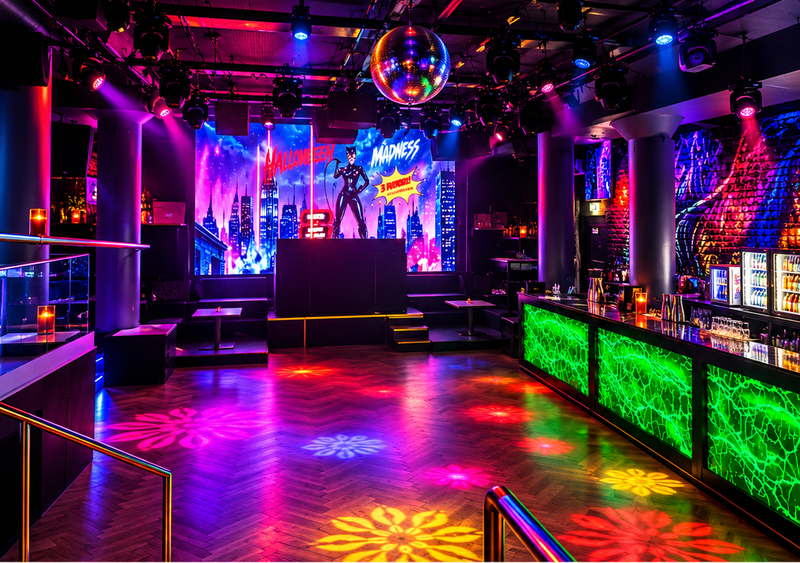 Bunte Diskothek mit Tanzfläche, leuchtender Bar, Getränken und großer Discokugel an der Decke.