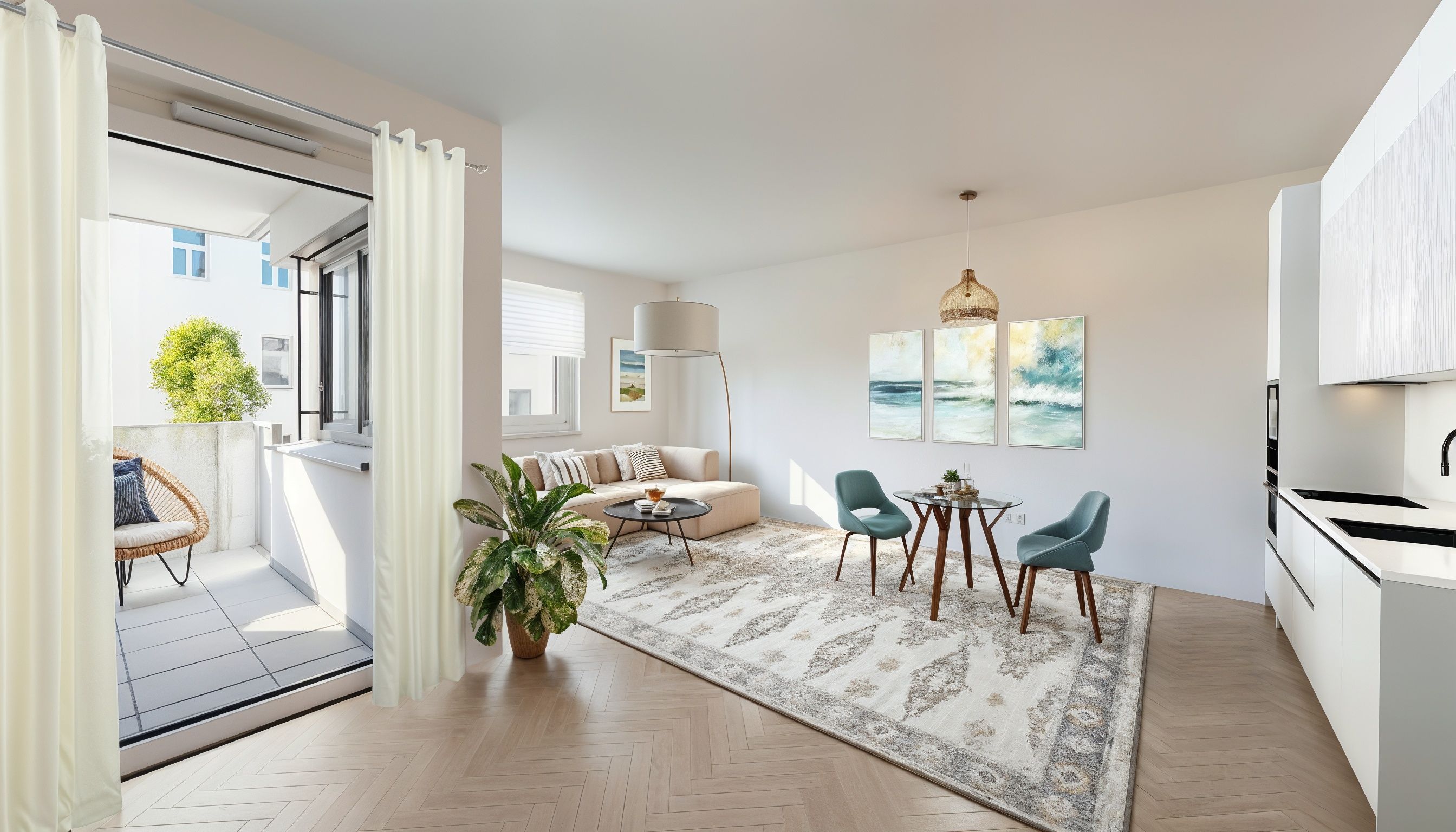 Helles, modernes Wohnzimmer mit Teppich, Essbereich, Küchenzeile und Balkonzugang.