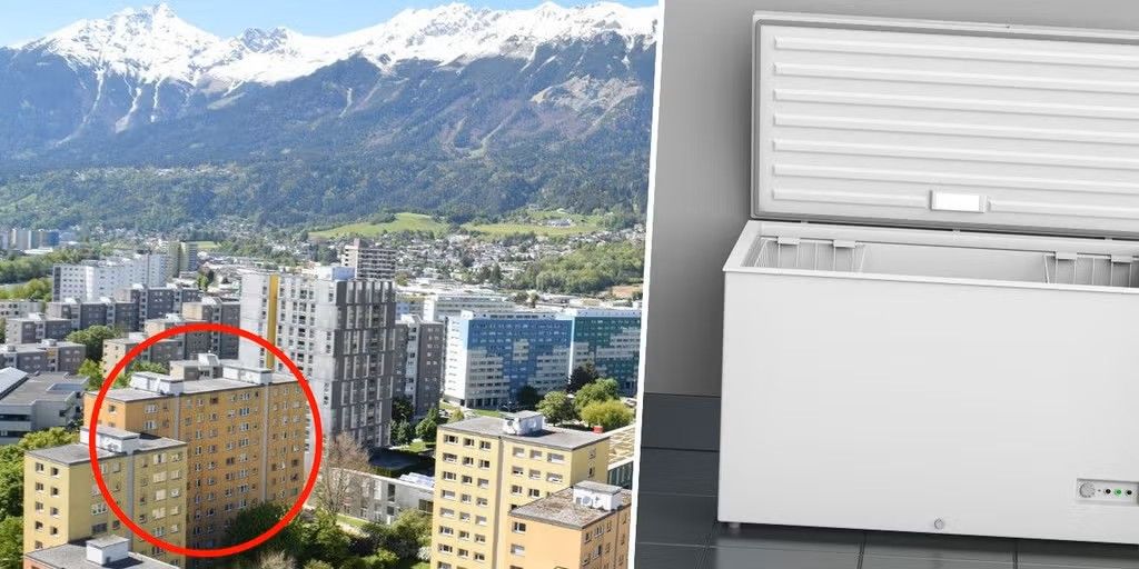 Stadtansicht mit markiertem Wohnhaus und geöffneter Gefriertruhe nebeneinander abgebildet.