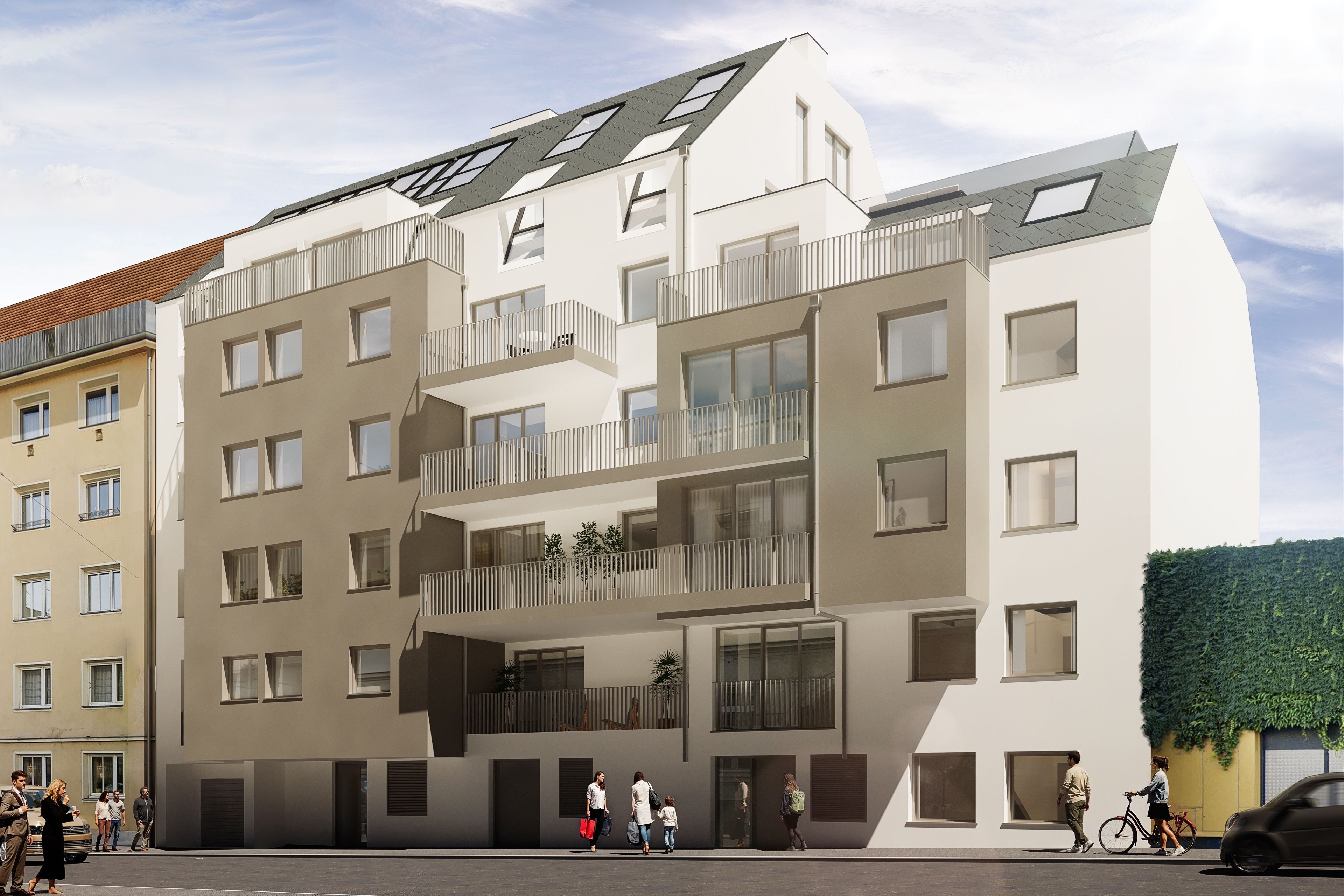 Modernes mehrstöckiges Wohngebäude mit Balkonen und Menschen auf der Straße davor.