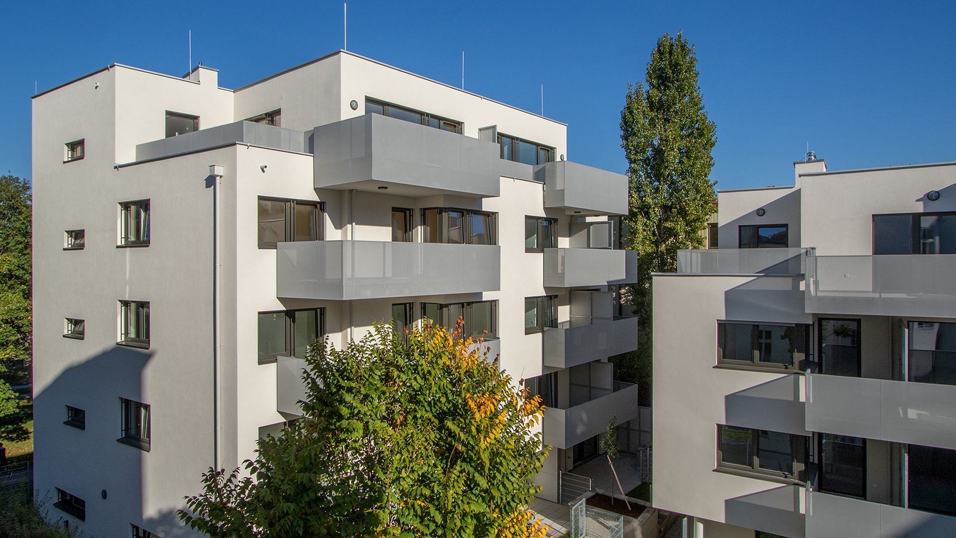 Moderne weiße Mehrfamilienhäuser mit Balkonen an einem sonnigen Tag, Bäume im Vordergrund.