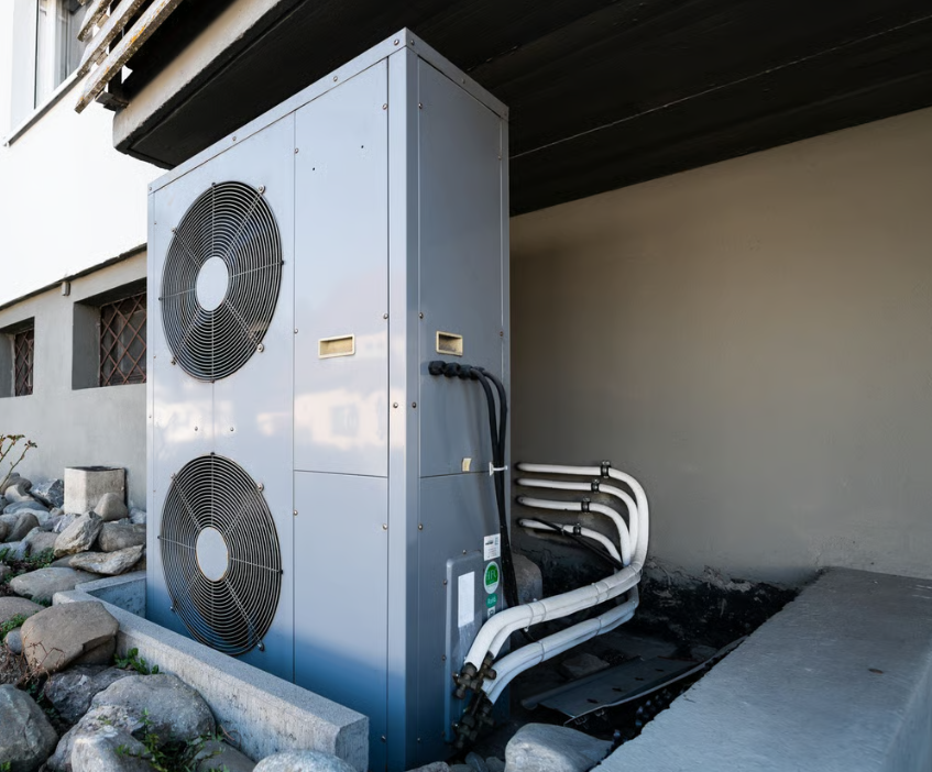 Außen installierte Wärmepumpe mit sichtbaren Leitungen und zwei großen Ventilatoren.