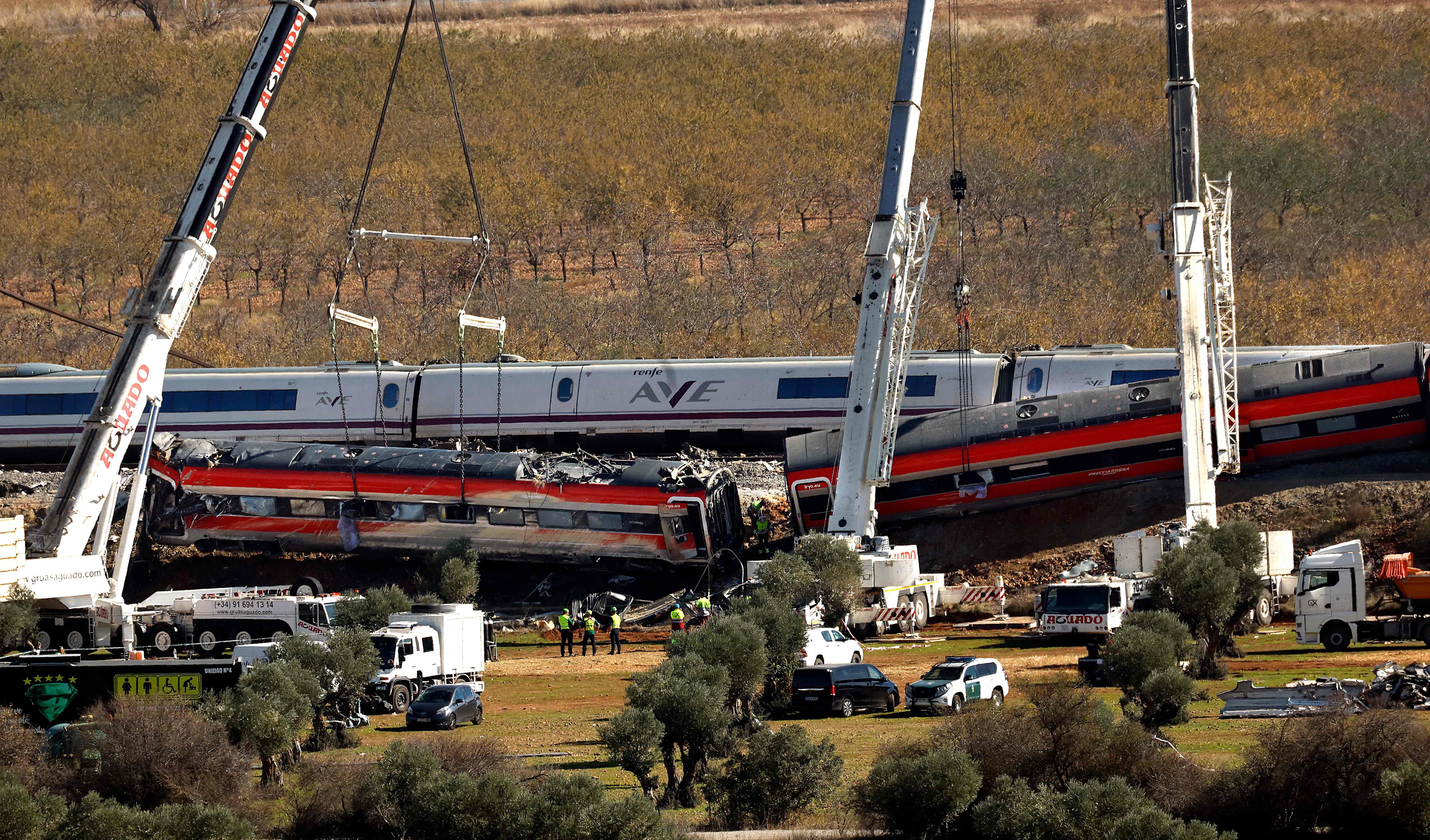 Zwei Kräne heben entgleiste Zugwaggons nach einem schweren Zugunglück auf einem Feld an.