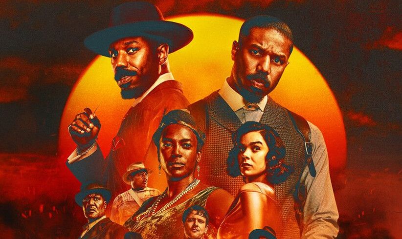 Filmplakat mit mehreren Charakteren vor einem großen, orangefarbenen Sonnenuntergang.