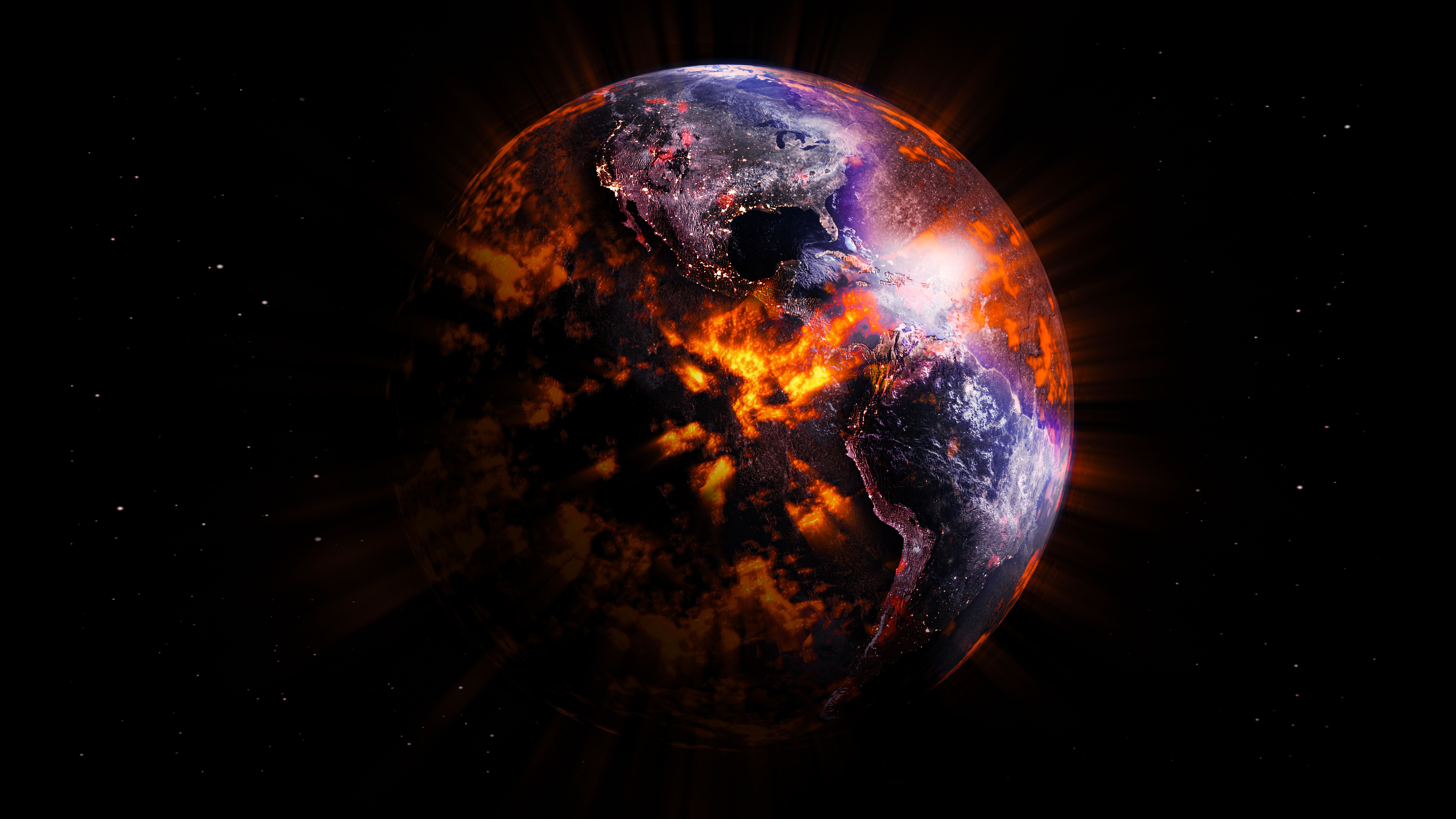 Die Erde im Weltraum, von glühenden Lava-Rissen und Explosionen apokalyptisch überzogen.