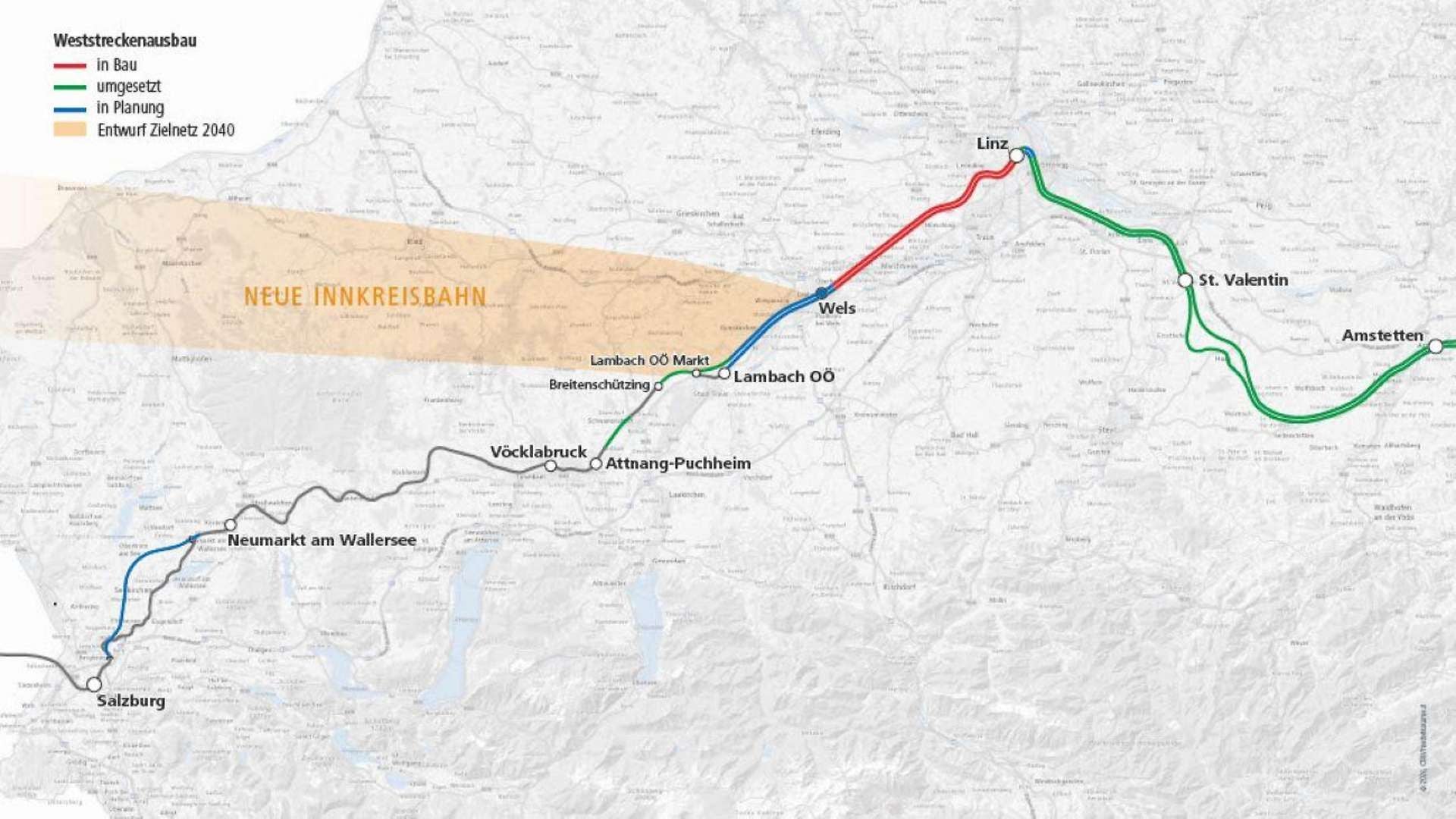 Kartengrafik zeigt den Ausbau der Westbahnstrecke in Oberösterreich bis 2032 mit farbigen Linien.