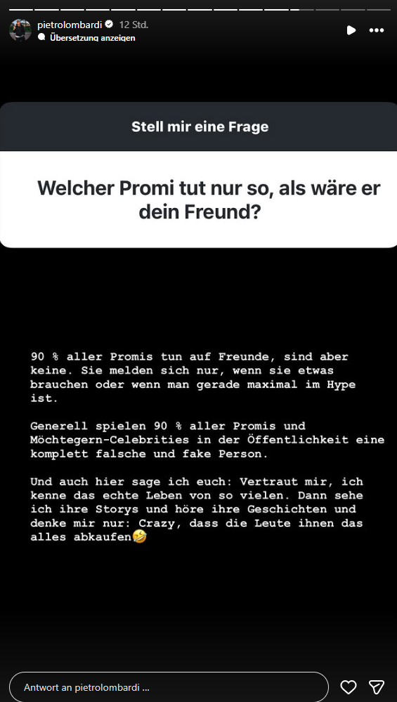 Screenshot einer Instagram-Story mit Text über unechte Freundschaften unter Promis.
