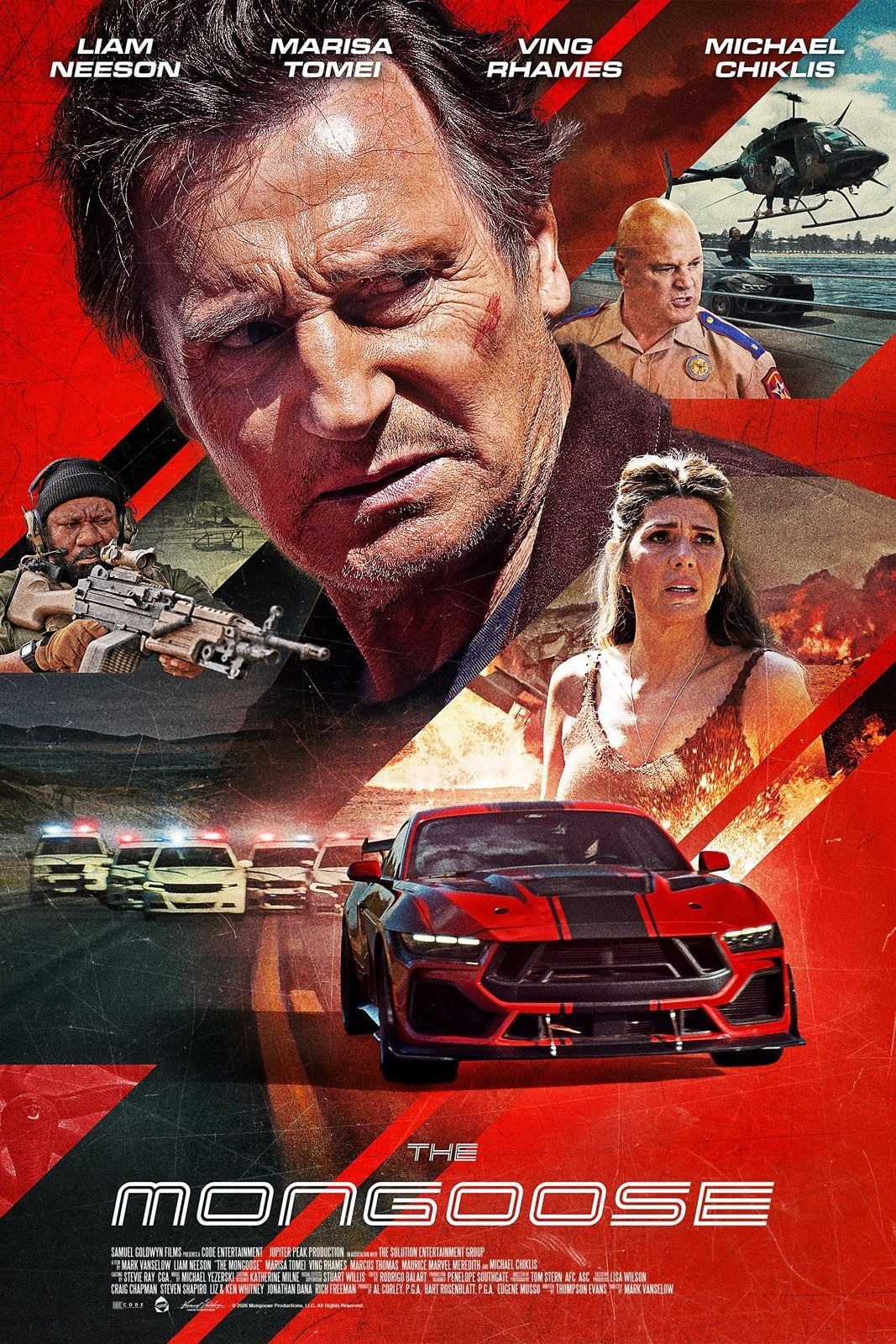 Filmposter mit Autos, Hubschrauber, schockierter Frau und mehreren ernsten Gesichtern, Titel „The Mongoose“.
