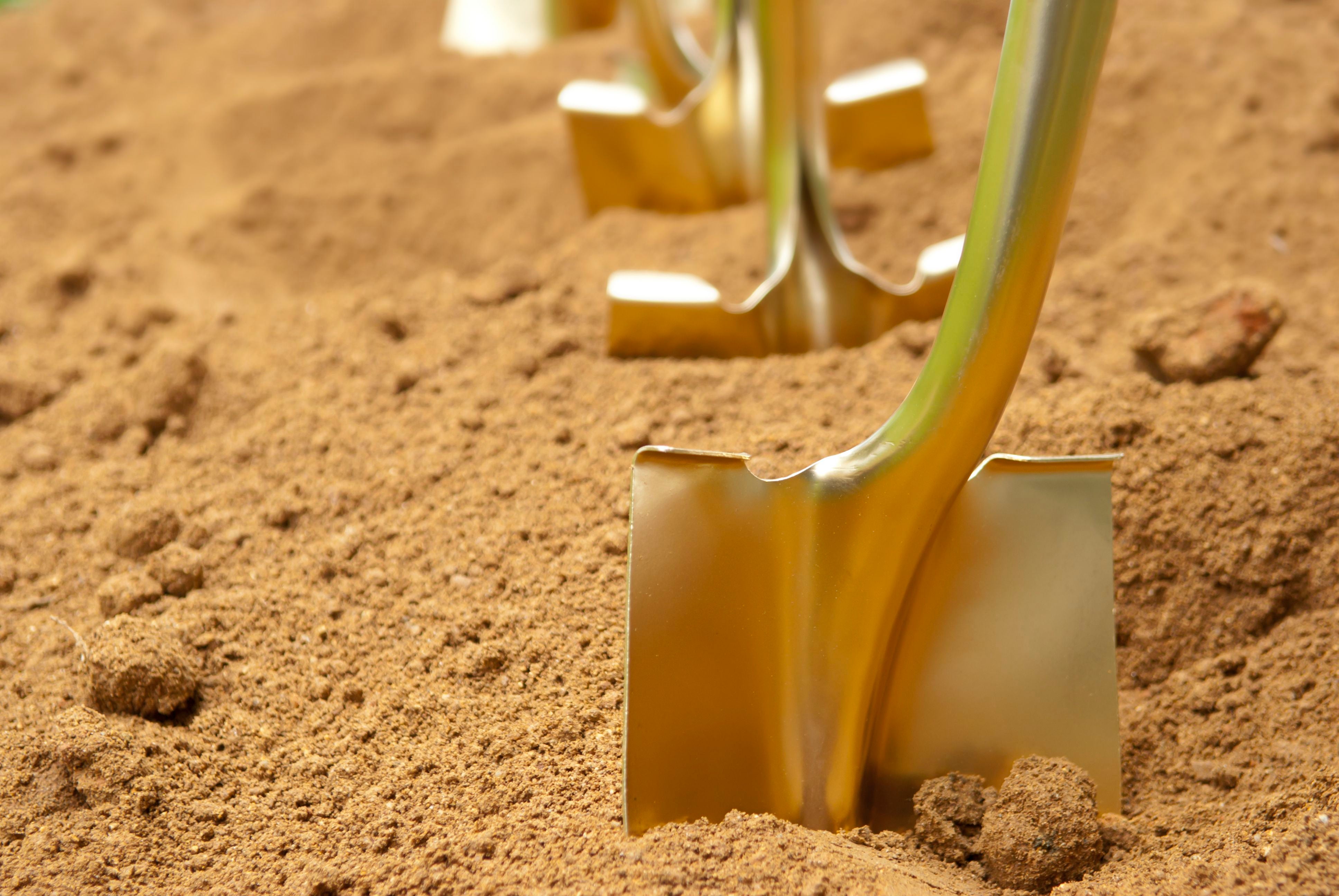 Goldene Schaufeln stecken in Erde, bereit für eine Spatenstichzeremonie.